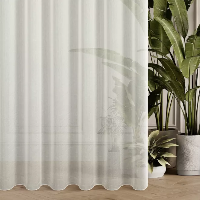 Firana szyta na taśmie 5 cm naturalna z matowej tkaniny o wyglądzie deszczyku, z efektem kreszowania, wykończona obciążnikiem