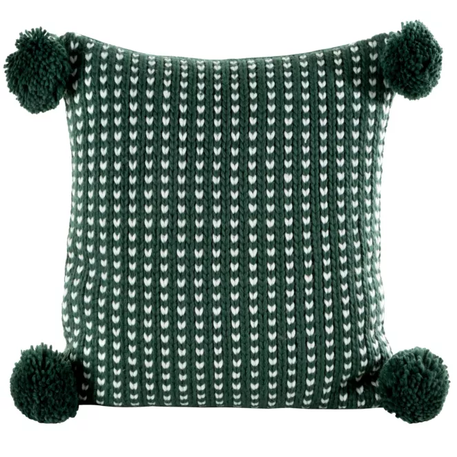 Poszewka na poduszkę 45x45 cm świąteczna zielono biała o plecionej strukturze z pomponami