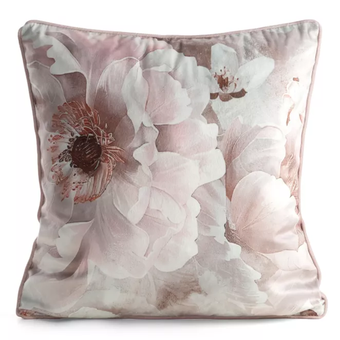 Poszewka na poduszkę 45x45 cm z welwetu pudrowo, beżowa z motywem kwiatów - FLORINA