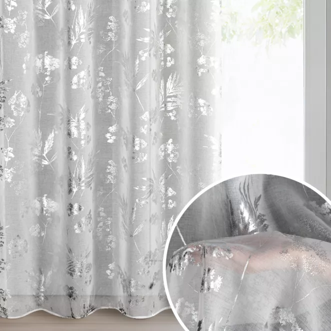 Firana biało, srebrna z etaminy z motywem roślinnym 140x250 cm przelotki - DELIA