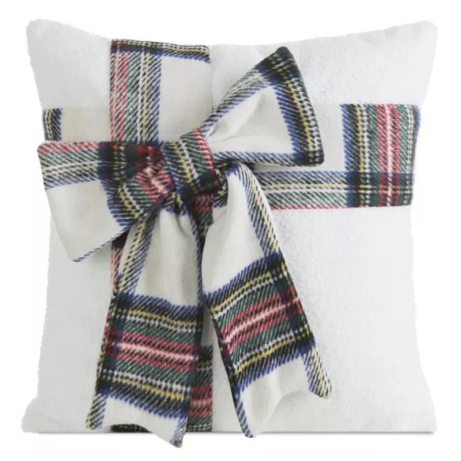 Poszewka na poduszkę świąteczna 45x45 cm kremowo, czerwona zdobiona kokardą