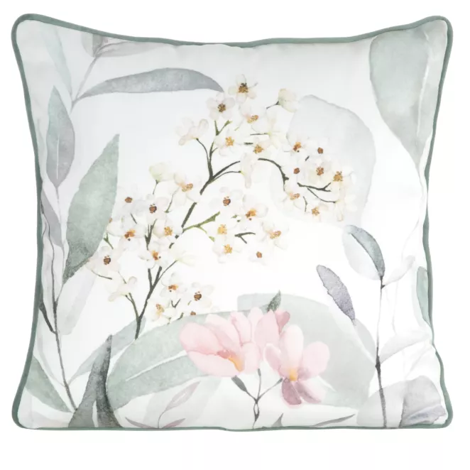 Poszewka na poduszkę dwustronna 45x45 cm welwetowa, biało zielona z motywem roślinnym z wypustką na brzegach JULIET Eurofirany Premium