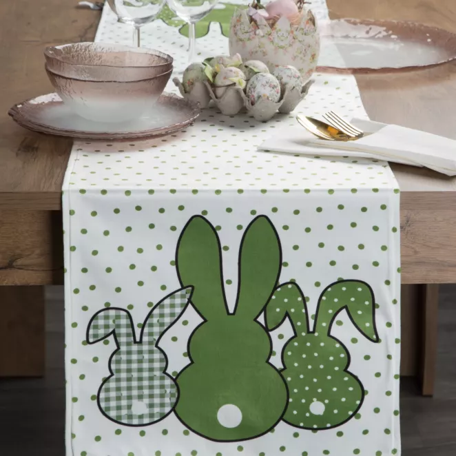 Bieżnik na stół biało, zielony 35x140 cm welwetowy WIOSNA 1 zdobiony nadrukiem siedzących zajączków