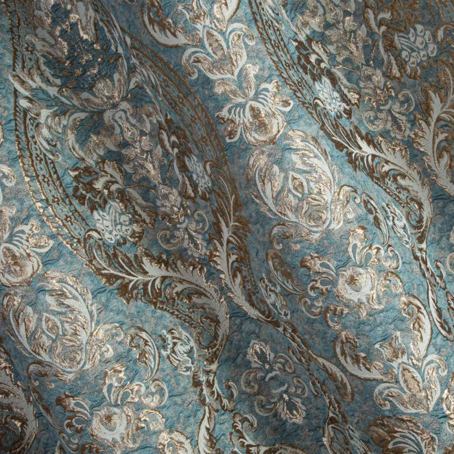 M129/5 Zasłona szyta na taśmie 5 cm ALEPPO turkusowo złocista elegancka z dużym wzorem roślinno ornamentowym z połyskliwą nicią lureksową i efektem marszczenia