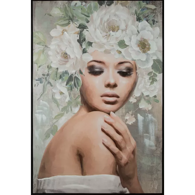 Obraz BLUSH 2 ręcznie malowany na płótnie portret kobiety z kwiatami na głowie w  czarnej ramie