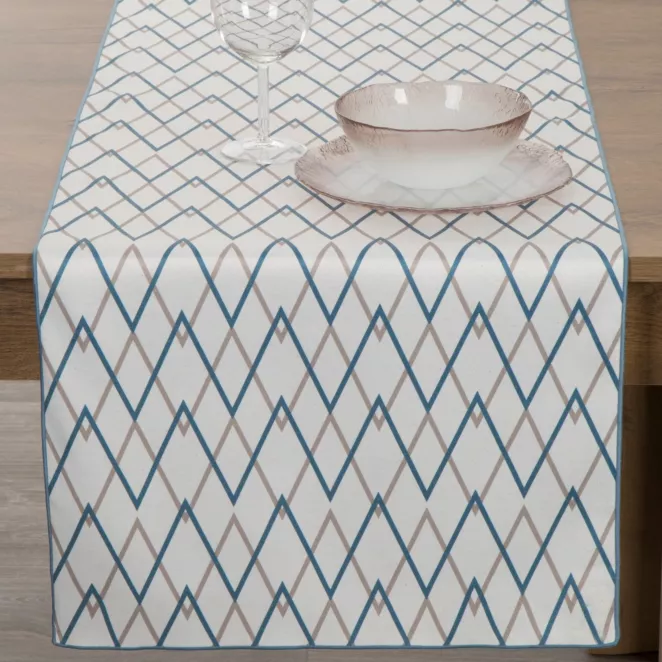 Bieżnik na stół naturalno, ciemnoturkusowy 40x180 cm INES z nadrukowanym motywem geometrycznym