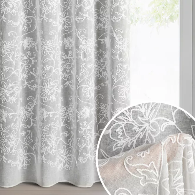 Zasłona biała z tkaniny o naturalnym wyglądzie zdobiona szenilowym haftem 140x250 cm przelotki - LILY