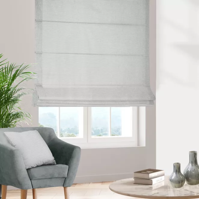 Roleta rzymska FIONA srebrna z dwustronnej tkaniny w paseczki z dodatkiem srebrnej nici