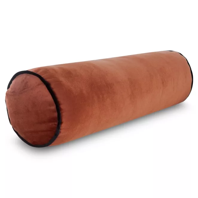 Poduszka dekoracyjna wałek 15 x 45 cm welwetowy ceglasty zdobiony kontrastującą lamówką GAJA