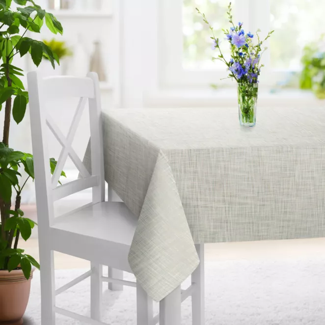 Obrus szyty kremowy z tkaniny w stylu eko o naturalnym splocie, z efektem melanżu, wykończona obciążnikiem