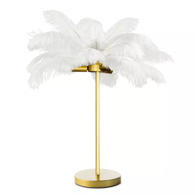 Lampa stołowa do salonu biało, złota FERI na metalowej podstawie z niezwykle efektownym abażurem z naturalnych strusich piór