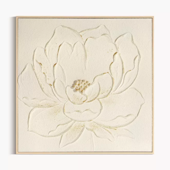 Obraz kremowo, zloty ręcznie malowany na płótnie z motywem kwiatów oprawiony w ramę 62x62 cm
