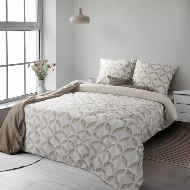 Pościel 140x200 cm komplet 2 częściowy satyna bawełniana kolor ciemnobeżowy, jasnobeżowy zdobiony motywem geometrycznym SPRING 103