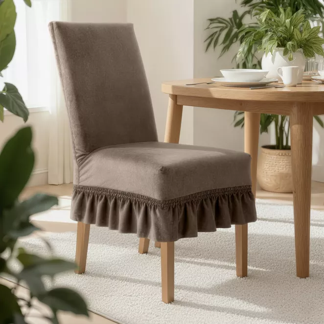 Pokrowiec na krzesło ciemnobeżowy wodoodporny z ozdobną falbanką 35x55x30 cm Design 91