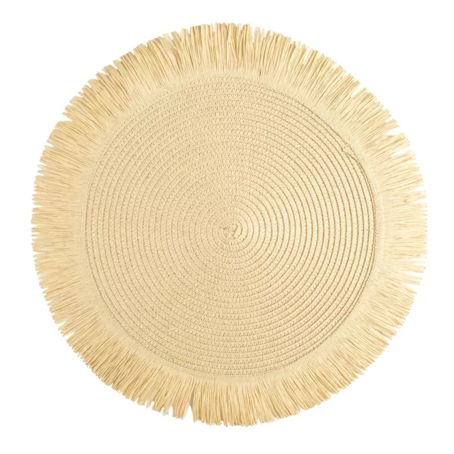 Podkładka okrągła na stół beżowa średnica 38 cm BOHO 1 pleciona z frędzlami