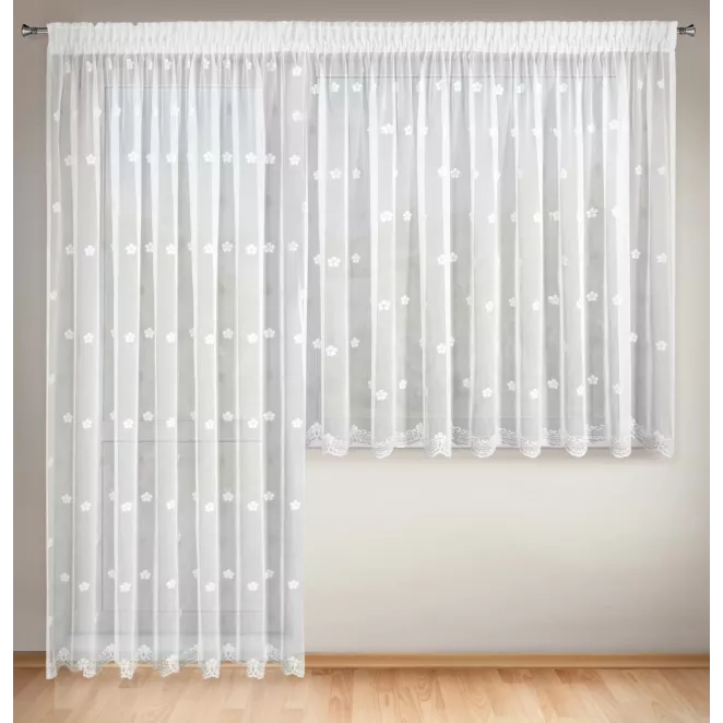 Komplet białych firan 2 szt na okno balkonowe zdobiona haftowanymi drobnymi srebrnymi kwiatuszkami 400x160 cm / 200x250 cm taśma DAISY