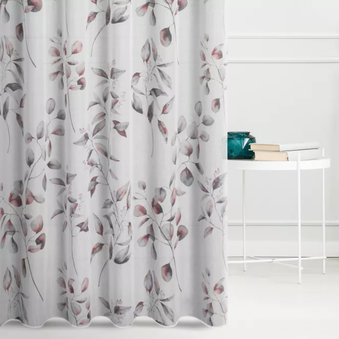 Firana szyta na taśmie 5 cm biało ceglasta z tkaniny typu ETAMINA z botanicznym nadrukiem, wykończona obciążnikiem