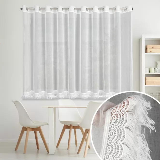 Firana biała z etaminy zdobiona gipiurą z frędzelkami 350x145 cm przelotka ROXANA