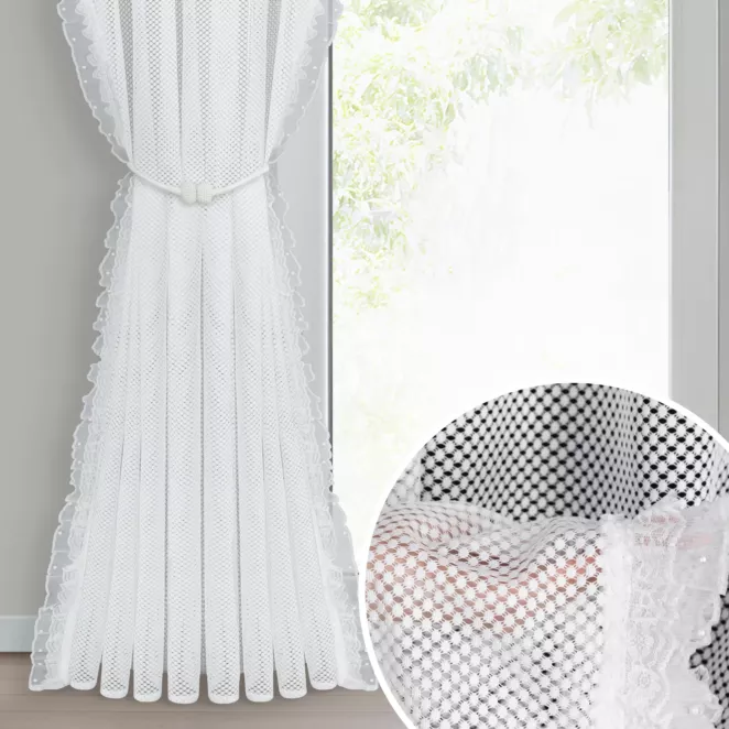 Firana biała z siateczki zdobiona na brzegach subtelną falbanką 140x270 cm taśma AGNESS