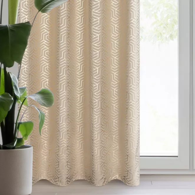 Zasłona ciemnobeżowo, szampańska zdobiona nadrukiem geometrycznym 140x250 cm przelotka - SEMI