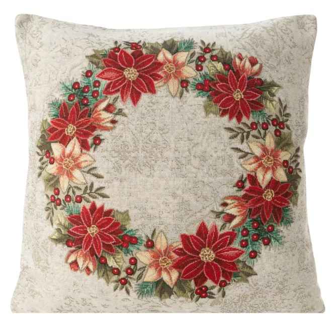 Poszewka na poduszkę 45x45 cm gobelinowa naturalno, czerwona z wieńcem świątecznym GOB