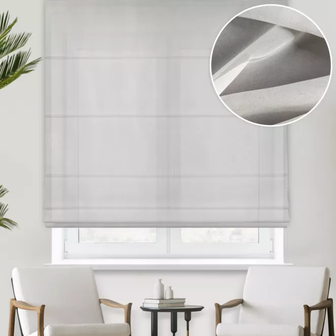 Roleta rzymska biało szampańska z matowej tkaniny szyfonowej z błyszczącym nadrukiem