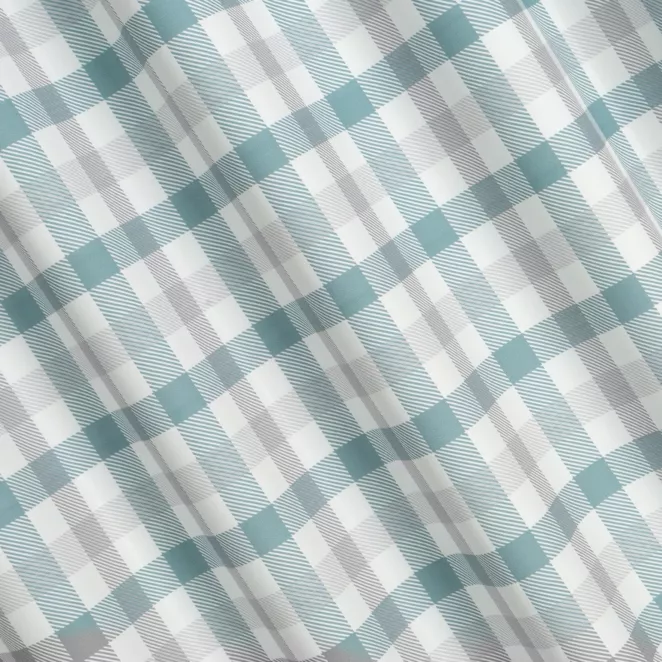 P254/3 Zasłona szyta na taśmie 5 cm jasnokremowo turkusowa z tkaniny o naturalnym splocie z nadrukowanym wzorem w kratę