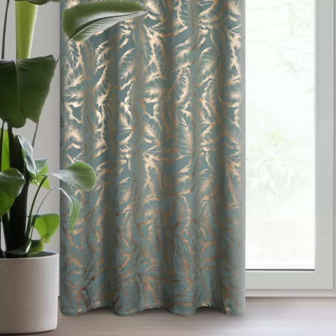 Zasłona miętowo szampańska zdobiona nadrukiem liści 140x250 cm złota przelotka - MILENA