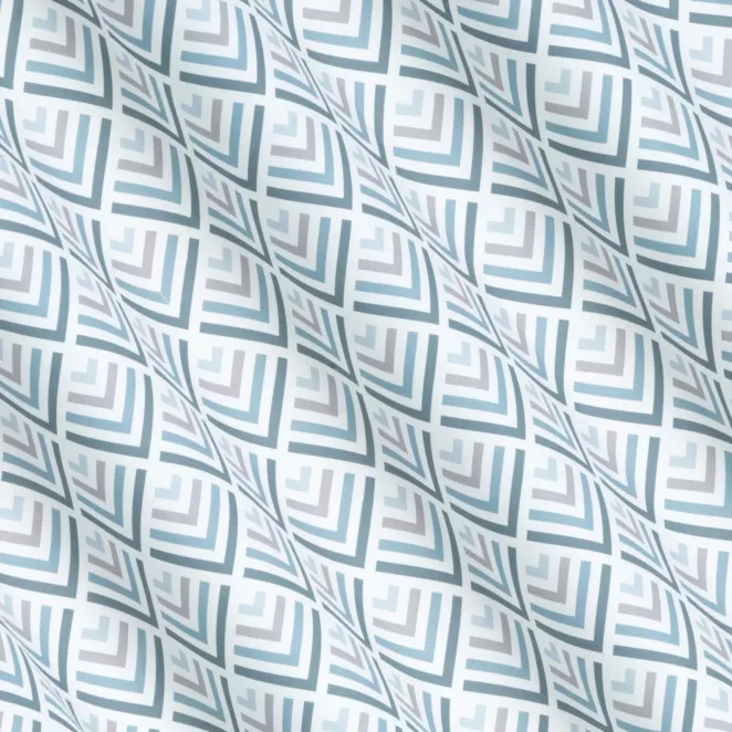 P254/1 Zasłona szyta na taśmie 5 cm jasnokremowo turkusowa z tkaniny o naturalnym splocie z nadrukowanym geometrycznym wzorem