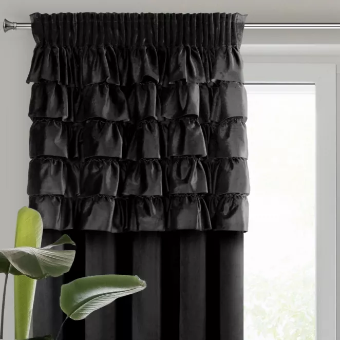 Zasłona welwetowa czarna zdobiona falbanami 140x270 cm taśma - AURA