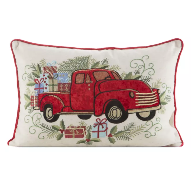 Poszewka na poduszkę świąteczna 35x50 cm czerwono, zielona zdobiona haftem autka