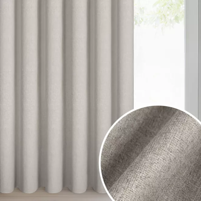 Zasłona beżowa 100% zaciemniająca o naturalnym widocznym splocie 140x270 cm taśma - ZOEY