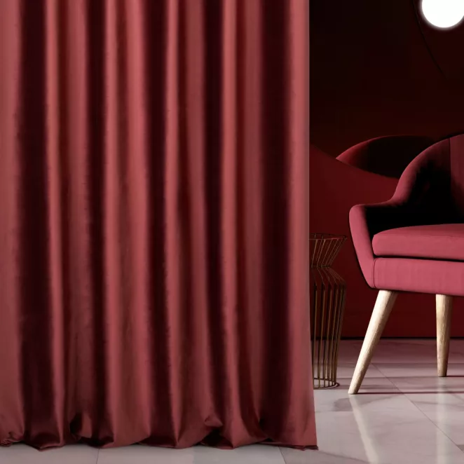 Zasłona szyta na taśmie fala bordowa z miękkiej półmatowej tkaniny welwetowej