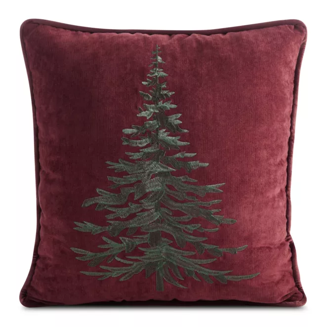 Poszewka na poduszkę świąteczna 45x45 cm welwetowa bordowo, zielona z szenilu zdobiona haftem choinki