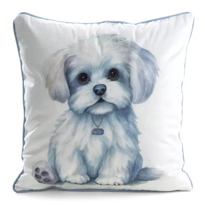 Poszewka na poduszkę 45x45 cm welwetowa biały, jasnoniebieski z motywem psa ANIMAL 84