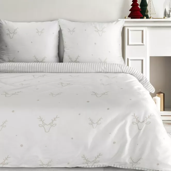 Pościel świąteczna 220x200 cm satyna bawełniana kolor biały, beżowy zdobiona nadrukiem subtelnych reniferów BOSQUE