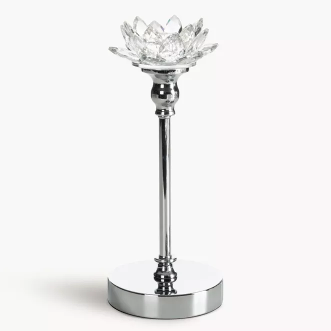 Świecznik dekoracyjny transparentny, srebrny o kształcie kwiatu lotosu średnica 12x29 cm DALIA 2