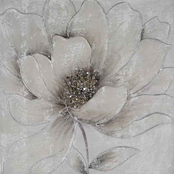 Obraz roślinny szaro, srebrzysty ręcznie malowany na płótnie kwiat z dodatkami cyrkonii 50x50 cm FLOWERY 2