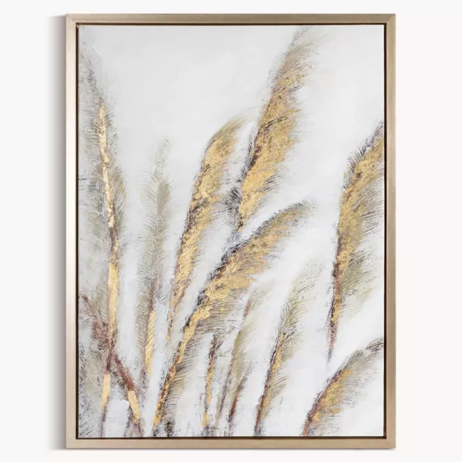 Obraz roślinny szaro, złocisty malowany ręcznie na płótnie z motywem trawy pampasowej 50x70 cm