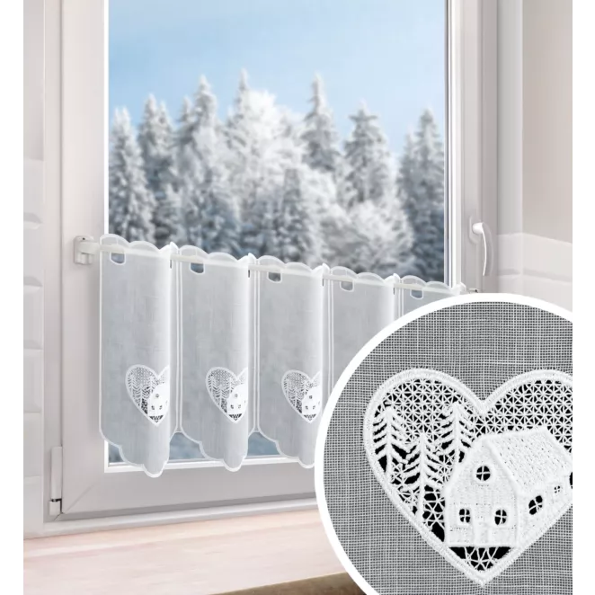 Tkanina firanowa zazdrostka świąteczna zdobiona haftem w ażurowe serce