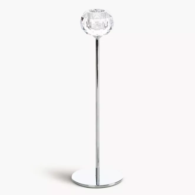 Świecznik dekoracyjny transparentny, srebrny o kryształowej okrągłej formie na smukłej nóżce średnica 8x27 cm LARA