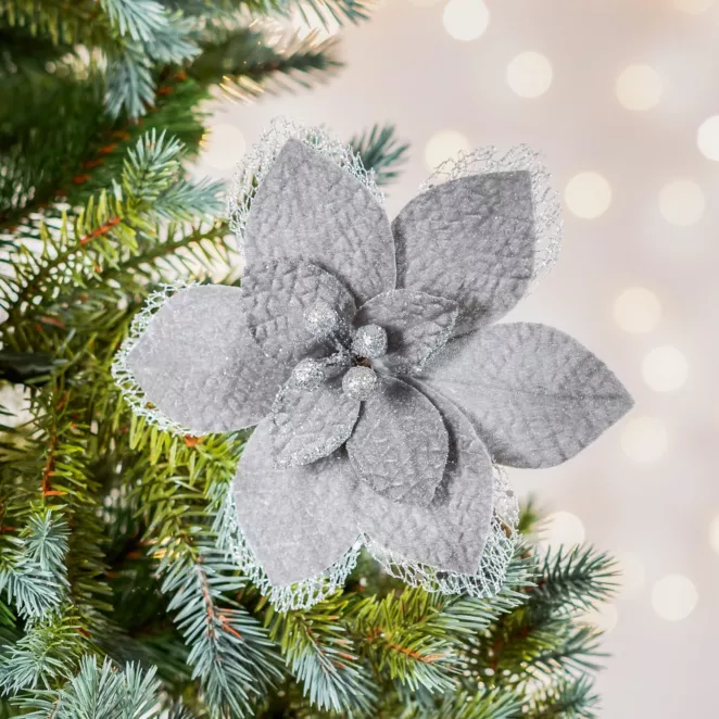 Świąteczny kwiat dekoracyjny z welwetu zdobiony koronką