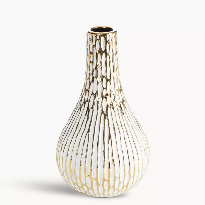 Wazon ceramiczny biało, złoty o ozdobnej fakturze 14x25 cm ANDREA