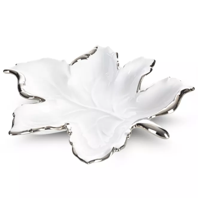Patera ceramiczna biało-srebrna  w kształcie liścia 33x35x6 cm ABBI