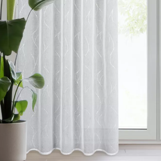 Dekoracja okienna biało, srebrzysta z etaminy zdobiona subtelnym wzorem 140x270 cm taśma  - ARLENA