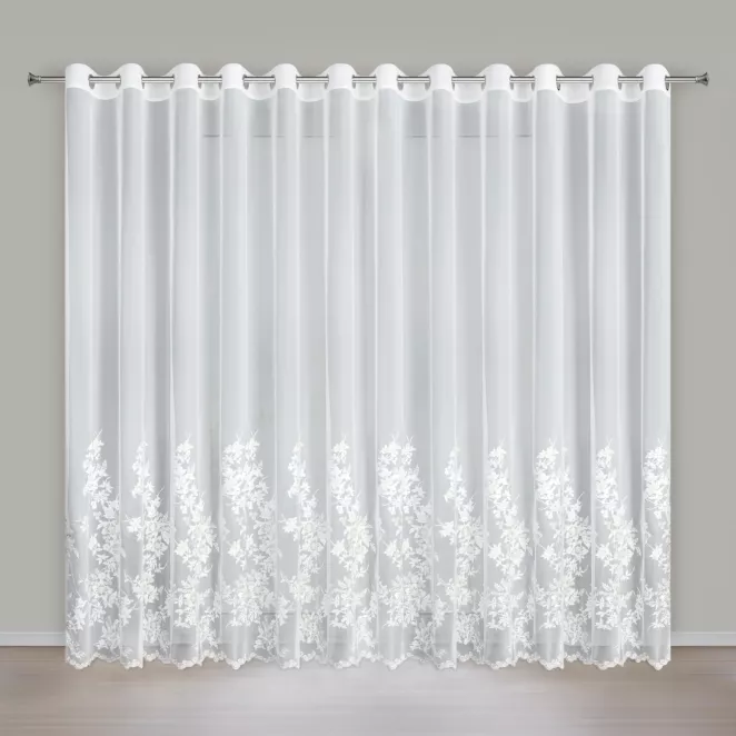 Firana kremowo z siateczki zdobiona haftem z dodatkiem szampańskiej nici 300x250 cm przelotka - ALIRA