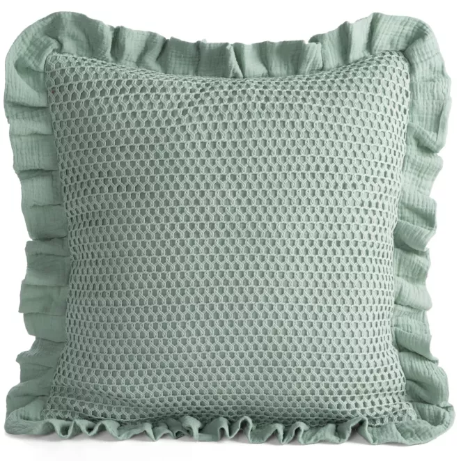 Poszewka na poduszkę 45x45 cm muślinowa z siateczką oraz ozdobną falbanką na brzegach szałwiowa MUŚLIN 2