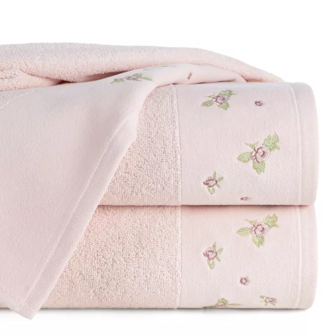 Ręcznik kąpielowy 50x90 cm bawełniany kolor różowy zdobiony haftem różyczek DALIA