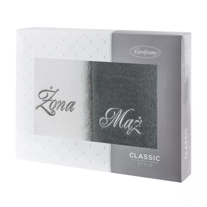 Zestaw ręczników bawełnianych na prezent 2 szt 50x90 cm z haftem Żona i Mąż kolor biały,popielaty 400 g/m2