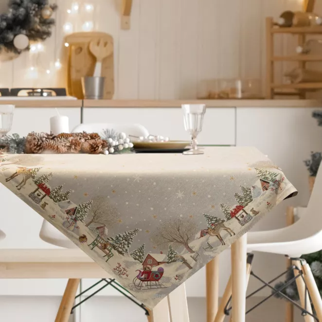 Obrus popielato, złoty 100x100 cm gobelinowy z motywem zimowej wioski